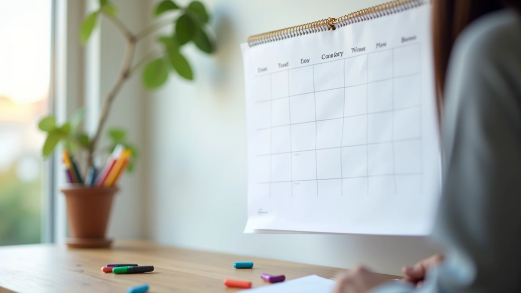 Calendário de parede com eventos marcados em cores diferentes e anotações ao lado de um planejador semanal