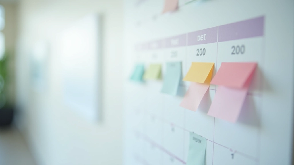 Calendário de parede mostrando marcos de progresso marcados com adesivos coloridos e datas destacadas