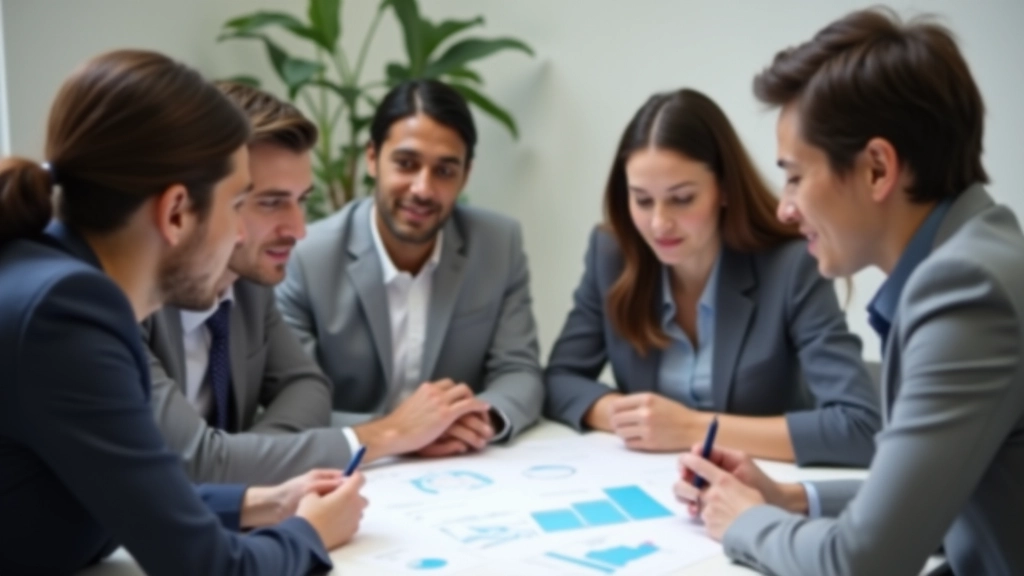 Equipa em reunião de seguimento, revisando objetivos e progresso com gráficos visuais
