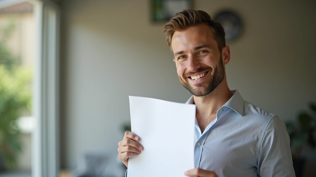 Pessoa segurando um plano de ação preenchido, sorrindo com confiança, mostrando determinação e progresso