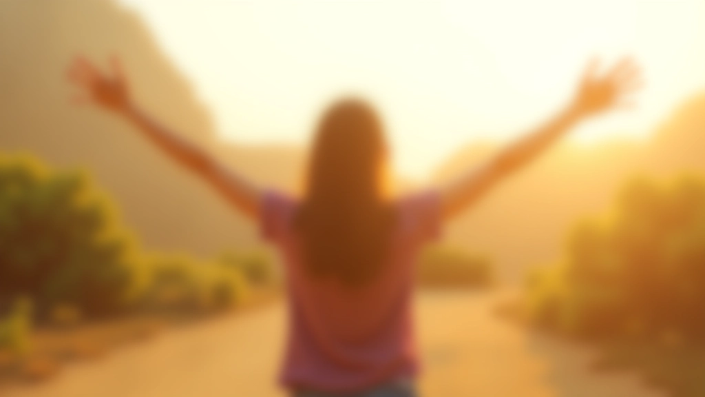 Pessoa celebrando uma vitória pessoal com os braços levantados em um espaço aberto com luz natural