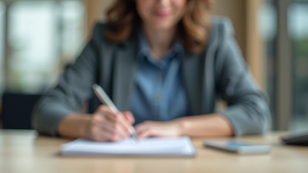 Pessoa anotando metas em um caderno com caneta em uma mesa de trabalho organizada