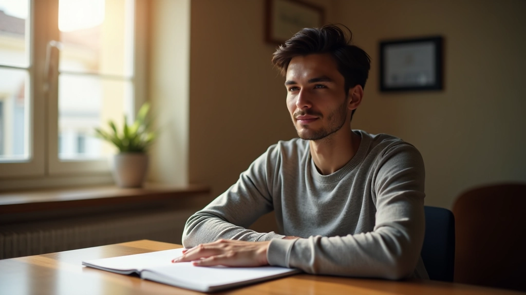 Pessoa em ambiente de estudo com objetivo claro, luz natural da janela, ambiente inspirador